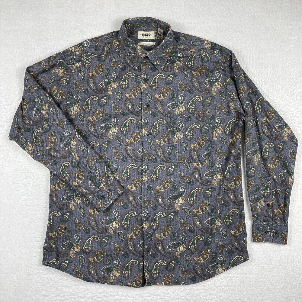TGI Fridays Shirt Mens Large Gray Paisley Restaurant Employee Workwear Travel